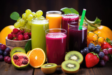 Jars of healthy juices and fruits