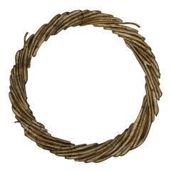 Wicker Wreath Watercolor illustration. Hand drawn clip art of round border frame of vine on isolated background. Vintage element for design of cards and stickers. Painting of icon and logo template.