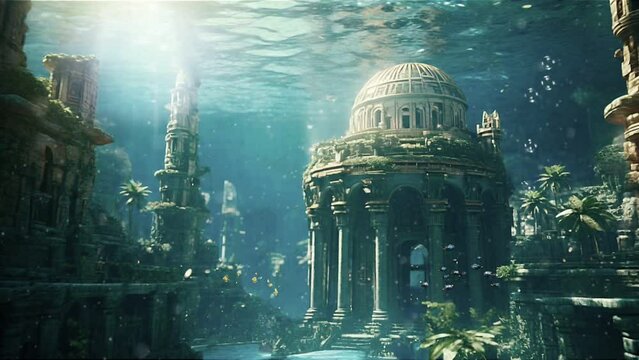 Flooded mythical Atlantis city at the bottom of the ocean