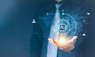 Ai technology, Artificial Intelligence. man using technology smart robot AI, artificial intelligence by enter command prompt for generates something, Futuristic technology transformation. Chat with AI