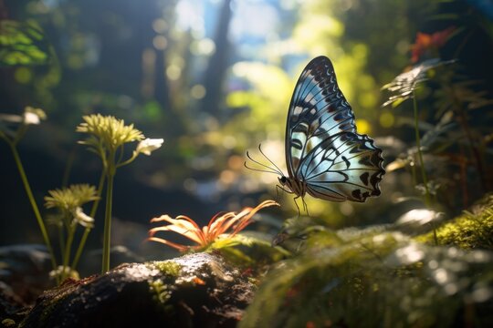  a blue and white butterfly sitting on top of a rock in a forest filled with green and yellow plants and flowers.