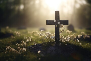  a cross sitting in the middle of a field of grass with white flowers in the foreground and the sun shining through the trees in the background.