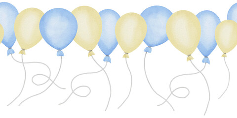 Balloon Border Watercolor illustration. Seamless pattern of a blue and yellow birthday party decorations. Hand drawn on isolated background. For creating fabrics for Baby and nursery wall art. © Alisles