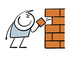 Harmful stickman pulls bricks out of the building wall. Vector illustration of a cunning man causing problems for competitors. Break down the house.