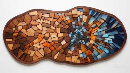 Vivid and diverse isolated wood art pieces create a captivating mosaic on the clean white surface, their colors and patterns blending seamlessly in high-definition brilliance.