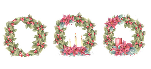 Watercolor painted illustration wreath, frame set. Holly berry, poinsettia flowers, leaves and three flaming candle.Template for Christmas, New Year card, winter invitation. Isolated white background.