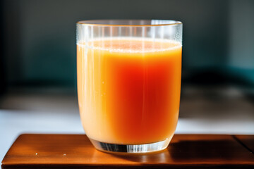 Glass of fresh mango juice on wooden table, closeup. Healthy food concept. Generative AI