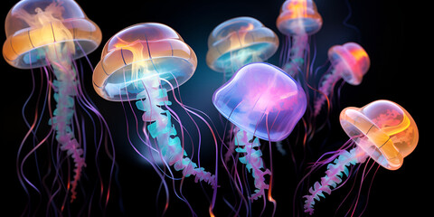 Hypnotic Neon Jellyfish Ballet,Glowing Sea Wonders.Neon Jellyfish Symphony.AI Generative 