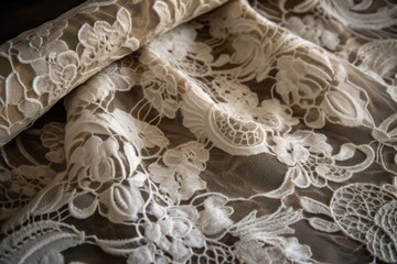  a close up of a white lace on a piece of cloth with a pattern of flowers and leaves on it. - obrazy, fototapety, plakaty