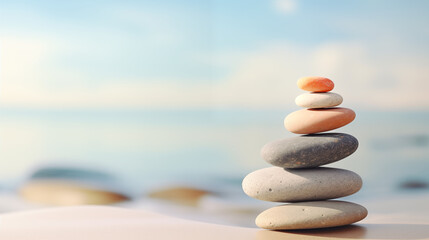 Pile of zen stones on blurred background of beach. Meditative lifestyle concept. Symbolic inner balance, equilibrium with stress relief. Mental rest and connection with nature. Poster with copy space