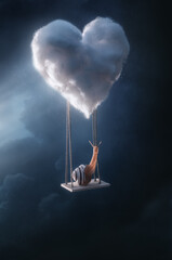 Snail on a swing in a heart-shaped cloud. Concept of lover, ascension to heaven. Funny animals....
