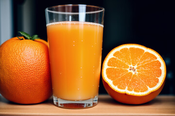 Freshly squeezed orange juice in a glass  on wooden table, closeup. Healthy food concept. Generative AI