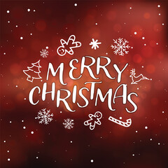 Merry Christmas hand-drawn vector inscription with falling snow and symbols of a Christmas tree, holiday cookies, reindeer, and sweets. Festive background