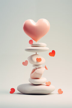 pile of red heart shaped stones on pastel pink background. A zen and romantic concept for valentine’s day, spa, and meditation. A 3d vertical image with copy space and flowers blooming