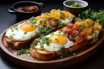  a close up of a plate of food with eggs on bread and vegetables on a plate next to a bowl of sauce.