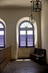 room with window, wooden bench, old bench, lilac window, interior of the cultural center of Recife, Pernambuco, Brazil

