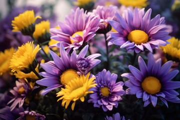  a close up of a bunch of purple and yellow flowers with yellow centers in the middle of the petals and yellow centers in the middle of the petals.