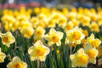  a field full of yellow daffodils with green stems in the foreground and a red car in the background. - obrazy, fototapety, plakaty