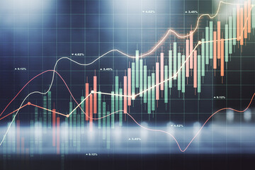 Double exposure of virtual creative financial diagram on contemporary business center exterior background, banking and accounting concept