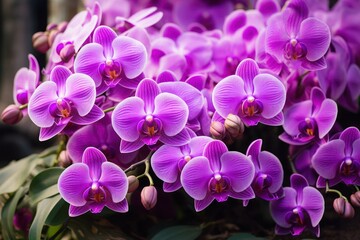  a bunch of purple orchids that are blooming in a vase with green leaves on the side of the vase.