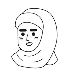 Smiling caucasian woman wearing hijab black and white 2D vector avatar illustration. Islamic veiled female outline cartoon character face isolated. Headscarf girl flat user profile image, portrait