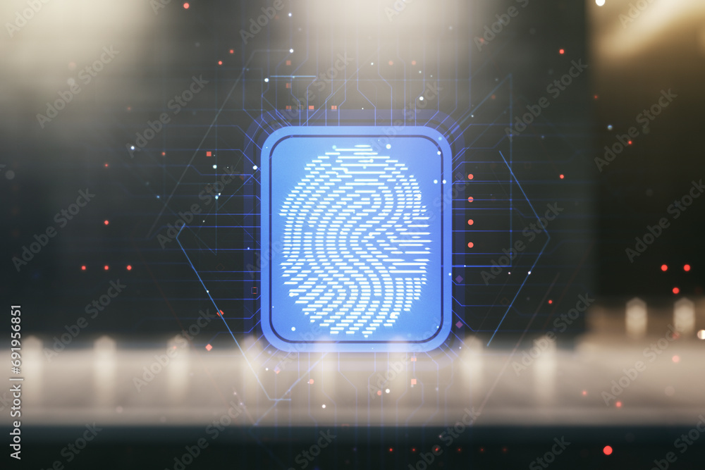 Poster multi exposure of virtual abstract fingerprint illustration on blurry modern office building backgro