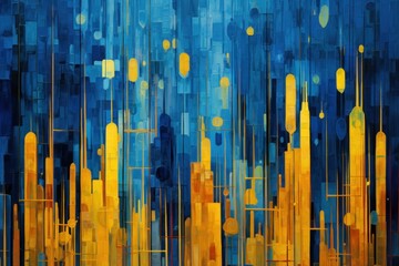  a painting of a blue and yellow cityscape with a lot of yellow dots on the side of it.