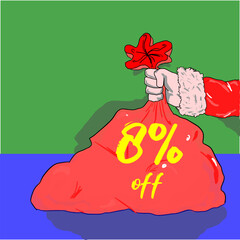 8% santa claus holding a christmas bag on sale discount percentage holiday december red yellow golden green blue
