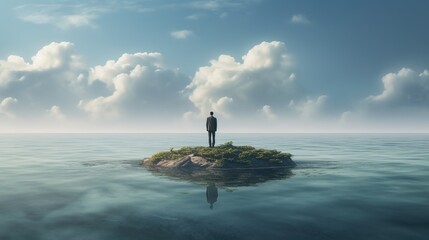 Standing alone concept with sad businessman standing alone on tiny island in the middle of the ocean - obrazy, fototapety, plakaty