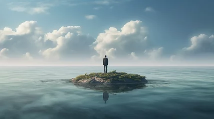 Fotobehang Standing alone concept with sad businessman standing alone on tiny island in the middle of the ocean © Boraryn