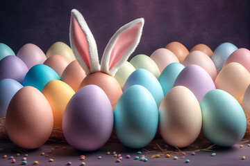 Easter colorful eggs. Easter egg with rabbit ears. Easter card. Easter egg decorated with rabbit ears - obrazy, fototapety, plakaty