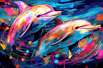  a painting of two dolphins swimming in a body of water with colorful paint splatters all over the surface.