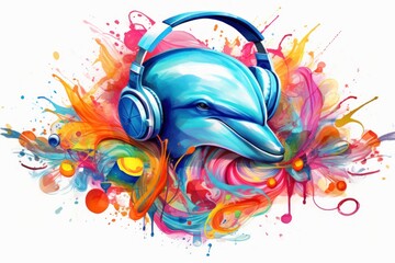  a dolphin wearing headphones with colorful paint splatters and splashes on the side of the headphones.