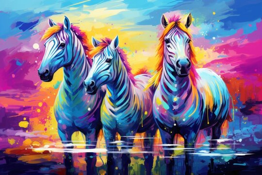  a painting of three zebras standing in a row in front of a colorful sky with clouds and a body of water in the foreground.