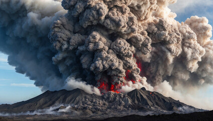 A huge column of ash erupts from the mouth of an erupting volcano. A terrible sight of a volcanic eruption. A natural disaster, beyond the control of the elements