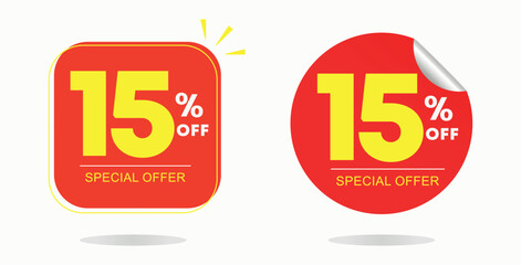 15% off. Tag special offer, campaign sales, sticker. Poster twenty percent off price, value. Advertising, promo, discount, shop, retail, store. Icon, vector