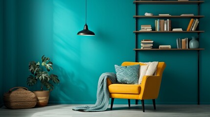 A cozy reading nook with a built-in bookshelf against a vibrant, teal-painted wall