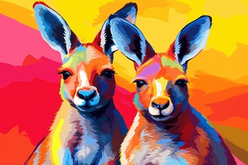  a couple of kangaroos standing next to each other in front of a yellow and pink background and a red and yellow background.