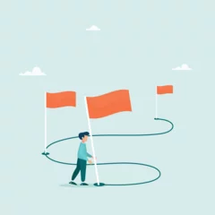 Foto op Plexiglas Business project milestones vector concept, journey or implementation to achieve business success. The guy holds a flag on the milestones reaching the goal. Vector illustration.  © STANISLAV