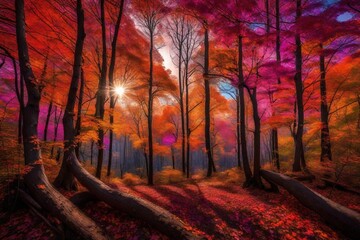 sunset in the forest  and generated AI