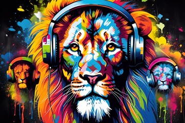  a painting of a lion wearing headphones with colorful paint splatters on its face and headphones on its ears.