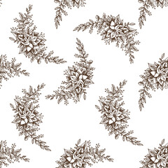 Seamless pattern of hand drawn Christmas garland with poinsettia flower, berries. Vector illustration. Sketch style.