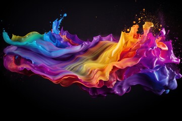  a multicolored stream of liquid on a black background with a splash of color on the bottom of the image.