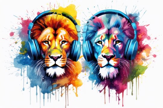  a pair of lions wearing headphones with colorful paint splatters on the sides of their ears and headphones in the shape of a lion's head.
