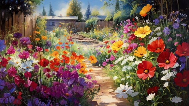 A backyard garden coming to life in the morning, with a variety of vibrant flowers opening their petals to greet the day.