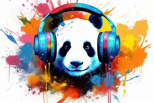  a panda bear wearing headphones with colorful paint splatters on it's face and headphones in the shape of a panda.
