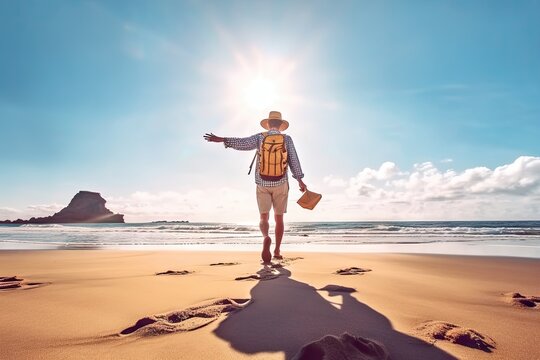 Young man stands on seashore outstretched arms capturing essence of freedom and success. Beautiful sunset paints sky with warmth reflecting joy of tropical vacation