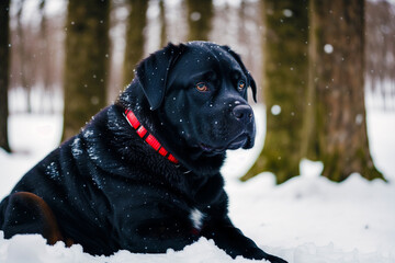 Portrait of a black labrador retriever dog standing in the park. Generative AI