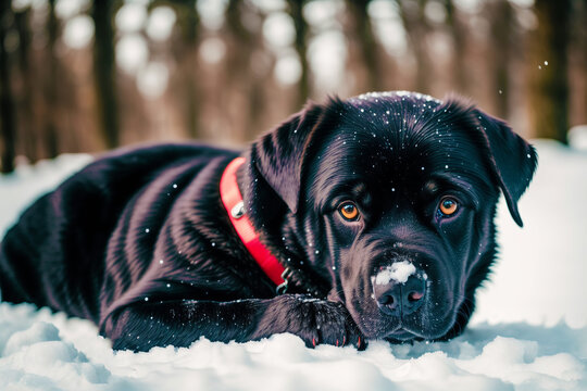 Portrait of a black labrador retriever dog standing in the park. Generative AI