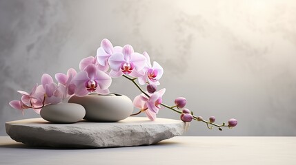 Magnificent orchid flowers on decorative stones. Minimalist gray background